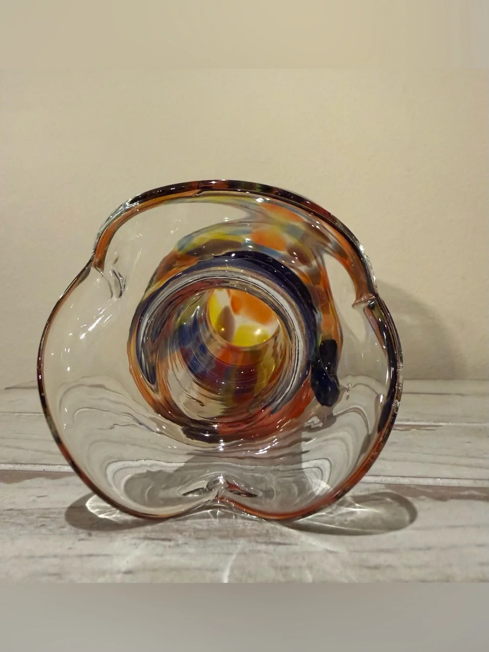 Vtg Hand Blown Art Glass Pitcher Ruffled Neck Spout Spiral Handle End Of Day